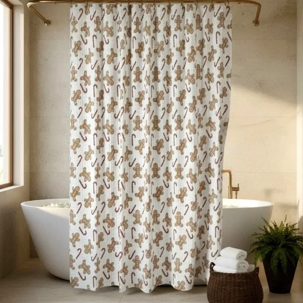 Joy & Jolly GINGERBREAD Shower Curtain 72x72 Christmas Candy Cane Waffle Weave